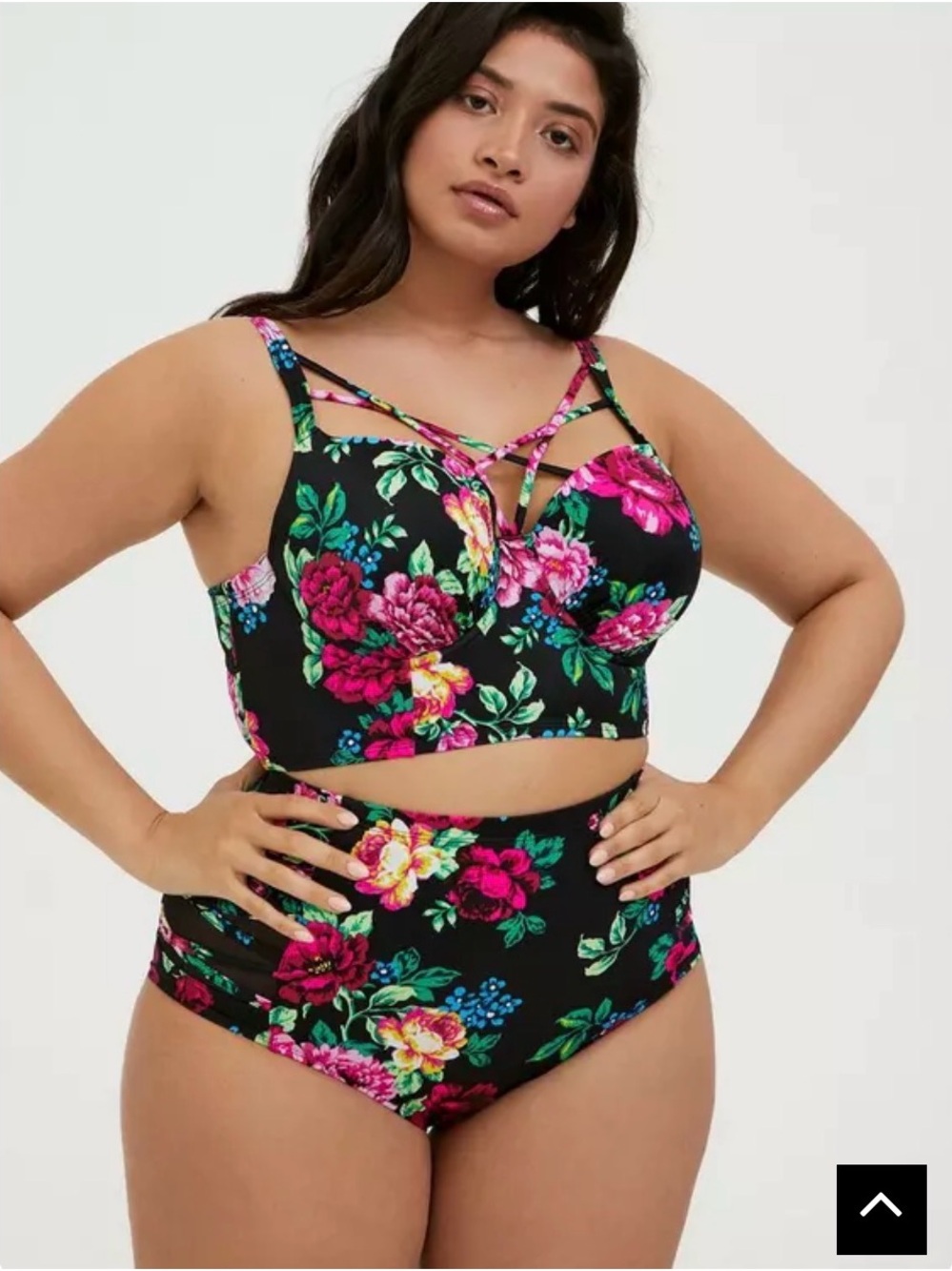 Torrid Floral Longline Bikini Top and High Waist Briefs - Black Pink Size 1X